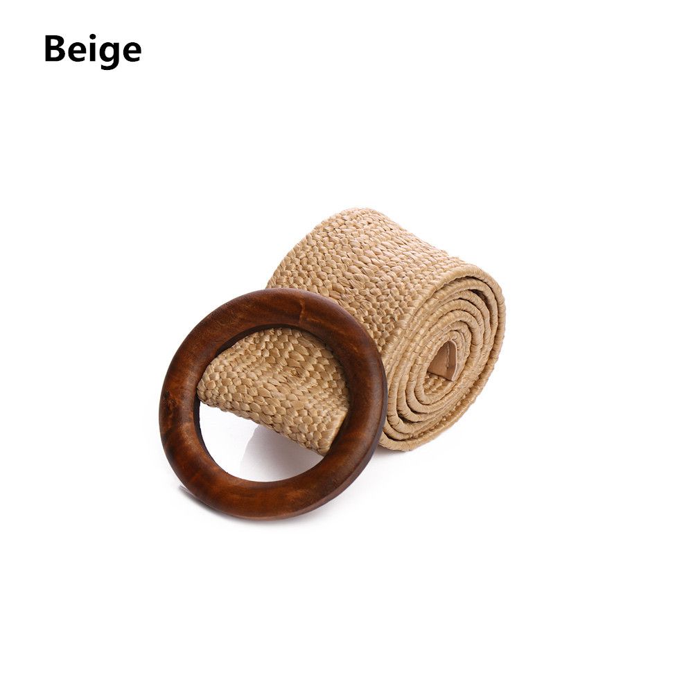 Casual Wide Dress Belt Shirt Round Wooden Buckle Straw Belt Elastic Waist Chain Belly Body Jewelry