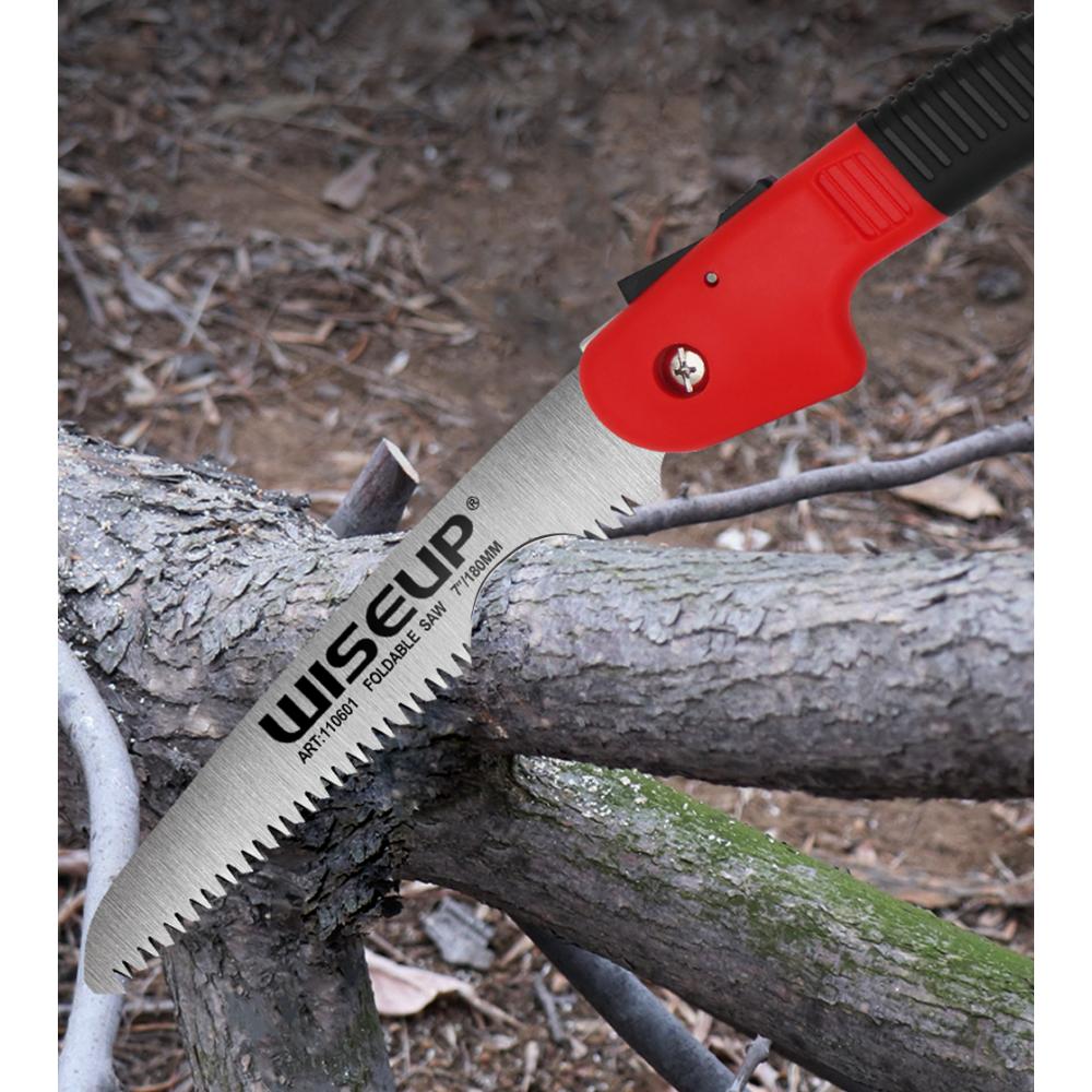 WISEUP 7'' დასაკეცი ხერხი პორტატული საკემპინგო ხერხი გადაცემათა საკეტით სამმაგი ჭრის ნახშირბადოვანი ფოლადის დანის მებაღეობის სასხლეტი ხის დამუშავების ხელის ხელსაწყოები