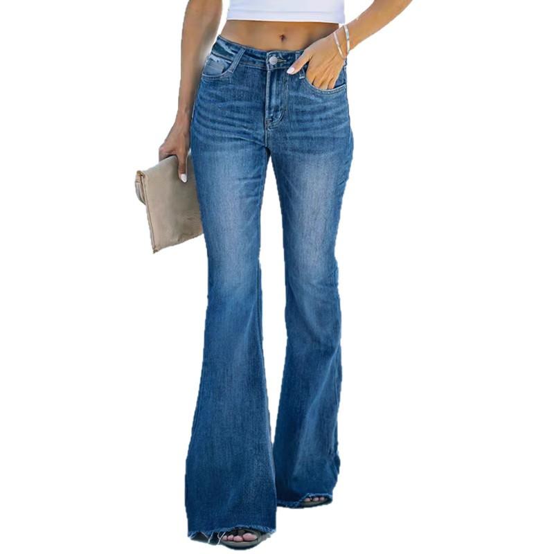Womens High Stretch Denim Flare Jeans Mid Waist Distressed Wash Streetwear Style