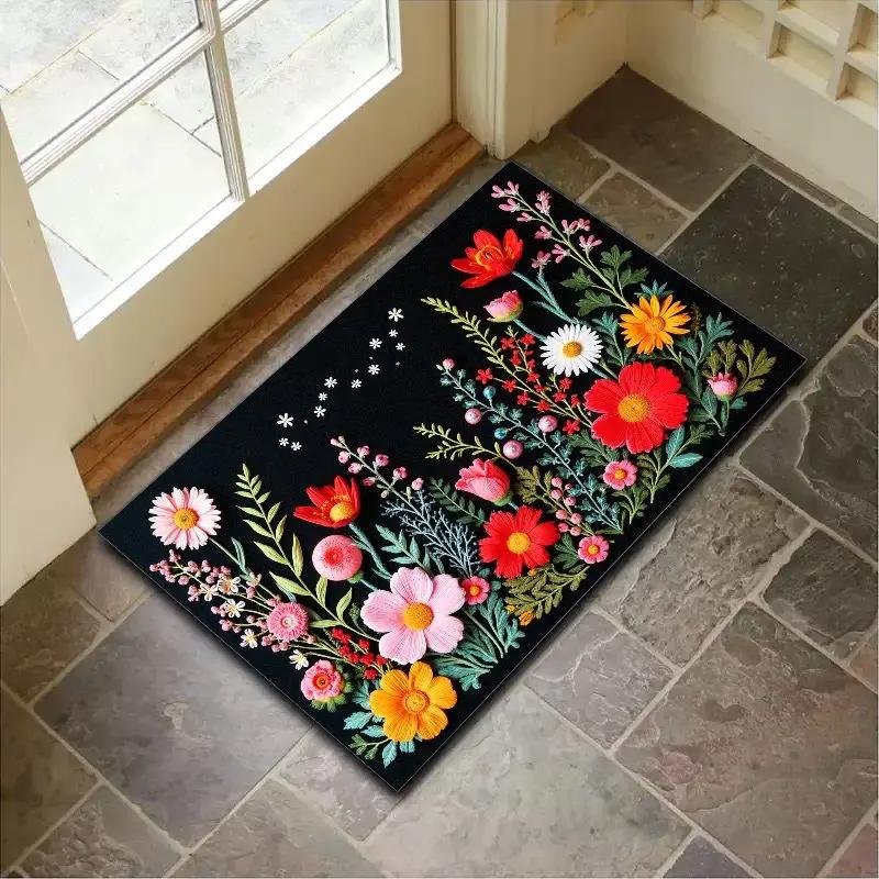 3D Floral Pattern Door Mat Colorful Flower Rug Non Slip Entrance Mat for Home Decor and Outdoor Porch Waterproof Floor Protector