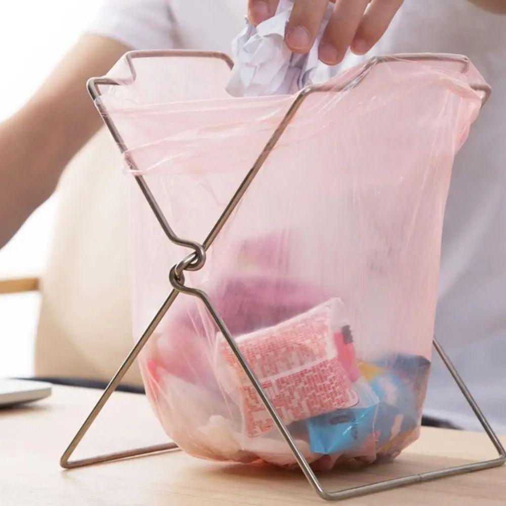 Stainless Steel Garbage Storage Rack Foldable Plastic Bag Shelf Rag Rack Stand  Trash Can