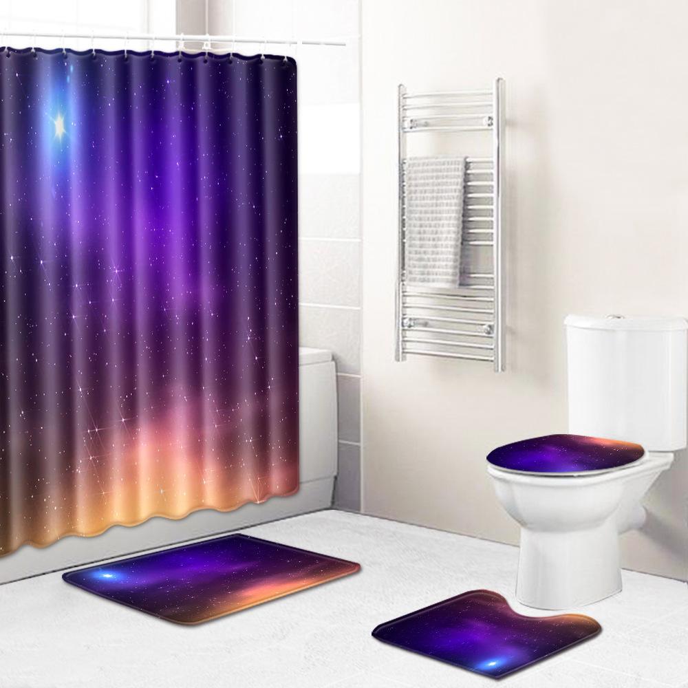 Starry Sky Shower Curtain Floor Mat Combination Four-Piece Set Bathroom Toilet Carpet Shower Room Mat Foot Mat