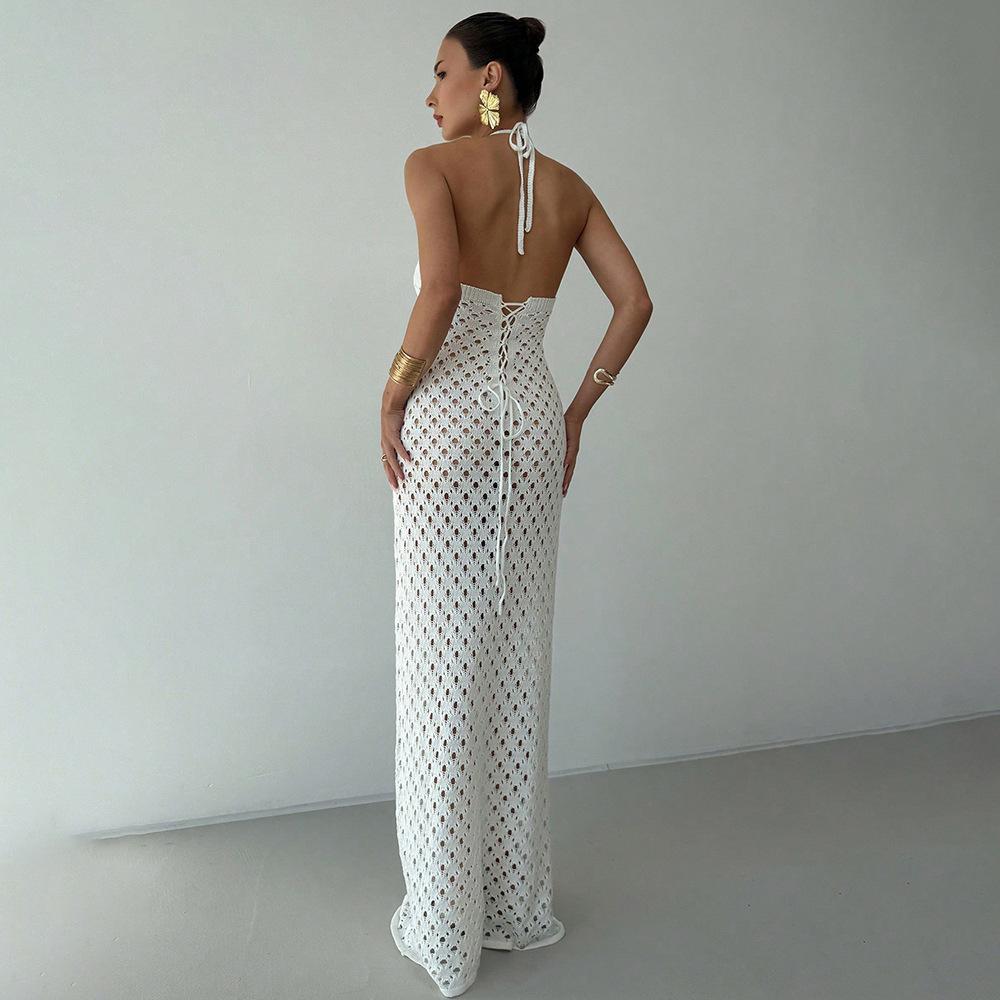 Summer Sexy Hollow Knitted Beach Skirt Bikini Swimsuit Solid Color Dress Outfit for Women