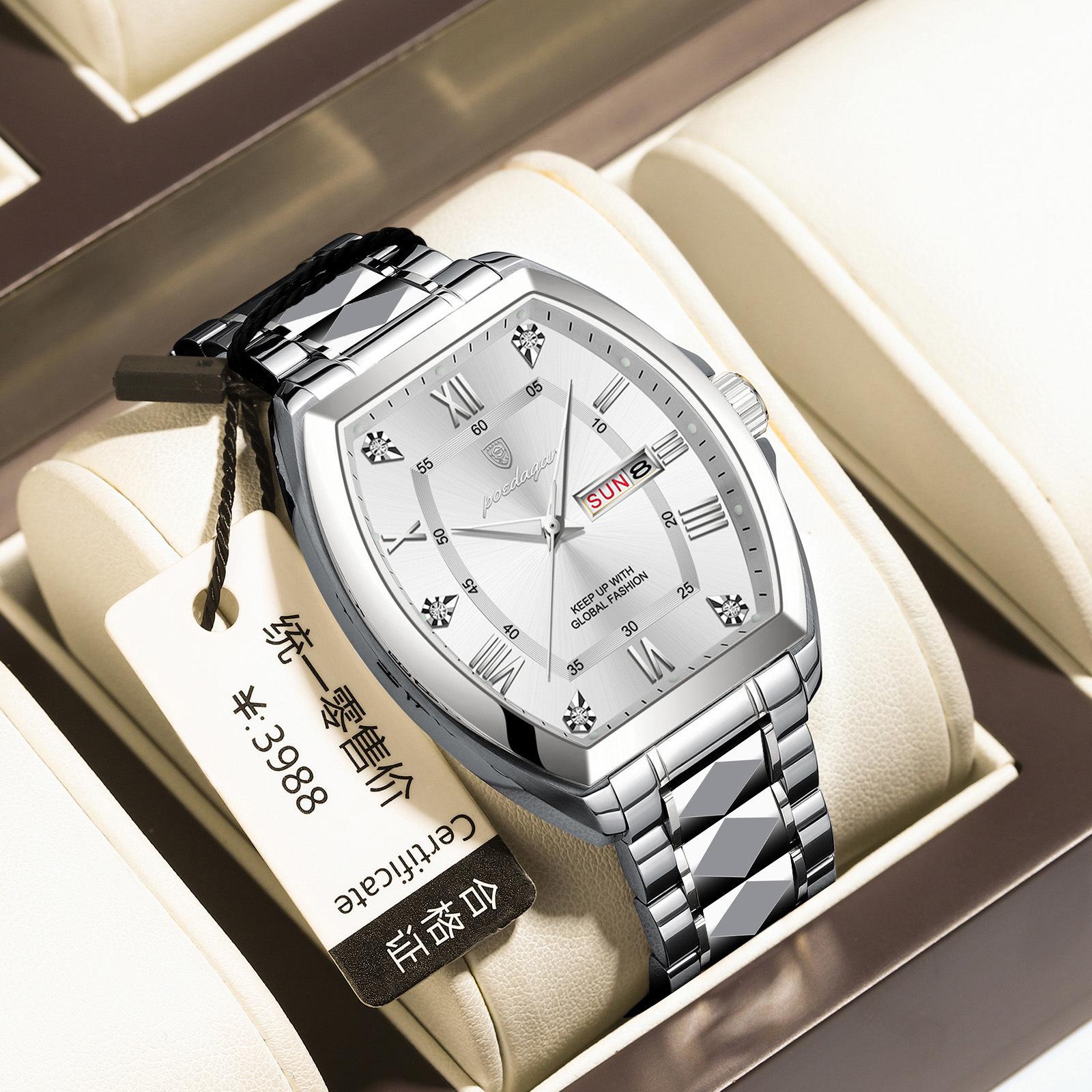 

Swiss Brand Wine Barrel Shape Men s Watch Luxury Luminous Water Resistant Quartz Watch POEDAGAR National Top P958Silver shell with whi