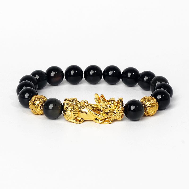 Feng Shui Black Obsidian Wealth Bracelets Men Color Changed Pi Xiu Bracelets Women 10mm Dragon Mantra Bead Bangle Lucky Jewelry