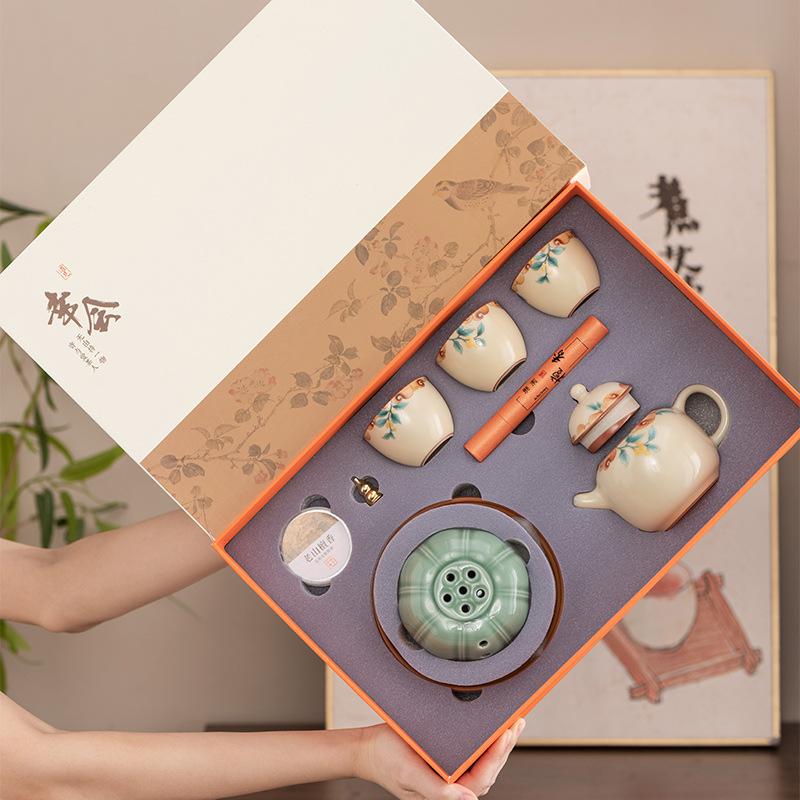 Ru kiln kung fu tea set gift box set teapot cover bowl incense burner high-end club leader business souvenir