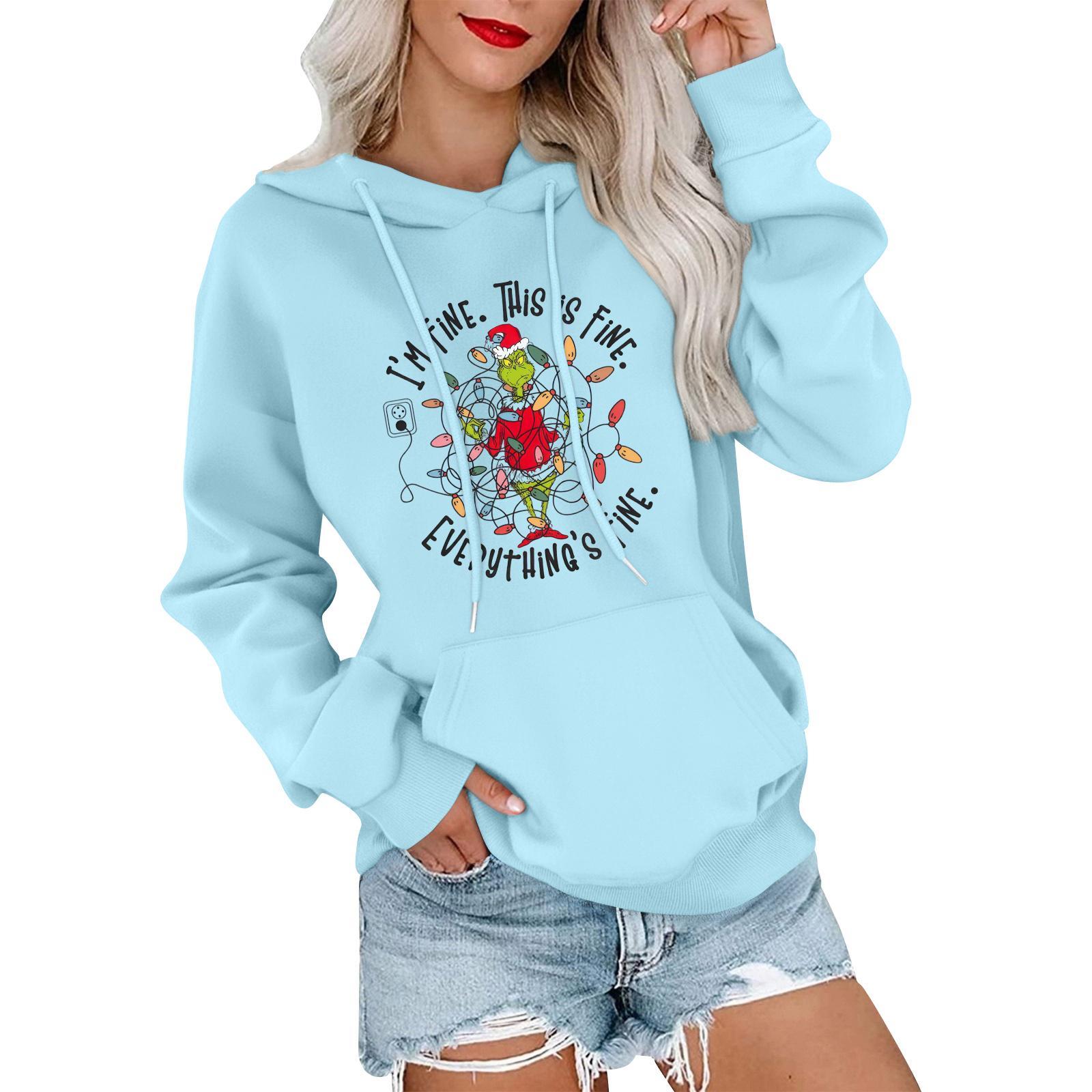 

Женский повседневный удобный свитшот с капюшоном, длинным рукавом и рождественским принтом XL небесно-голубой