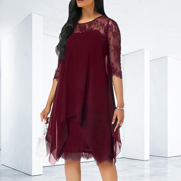 Robe en mousseline pour femme Élégante Longueur genou Tendance Manches 3/4 Mi-longue Robe en dentelle patchwork