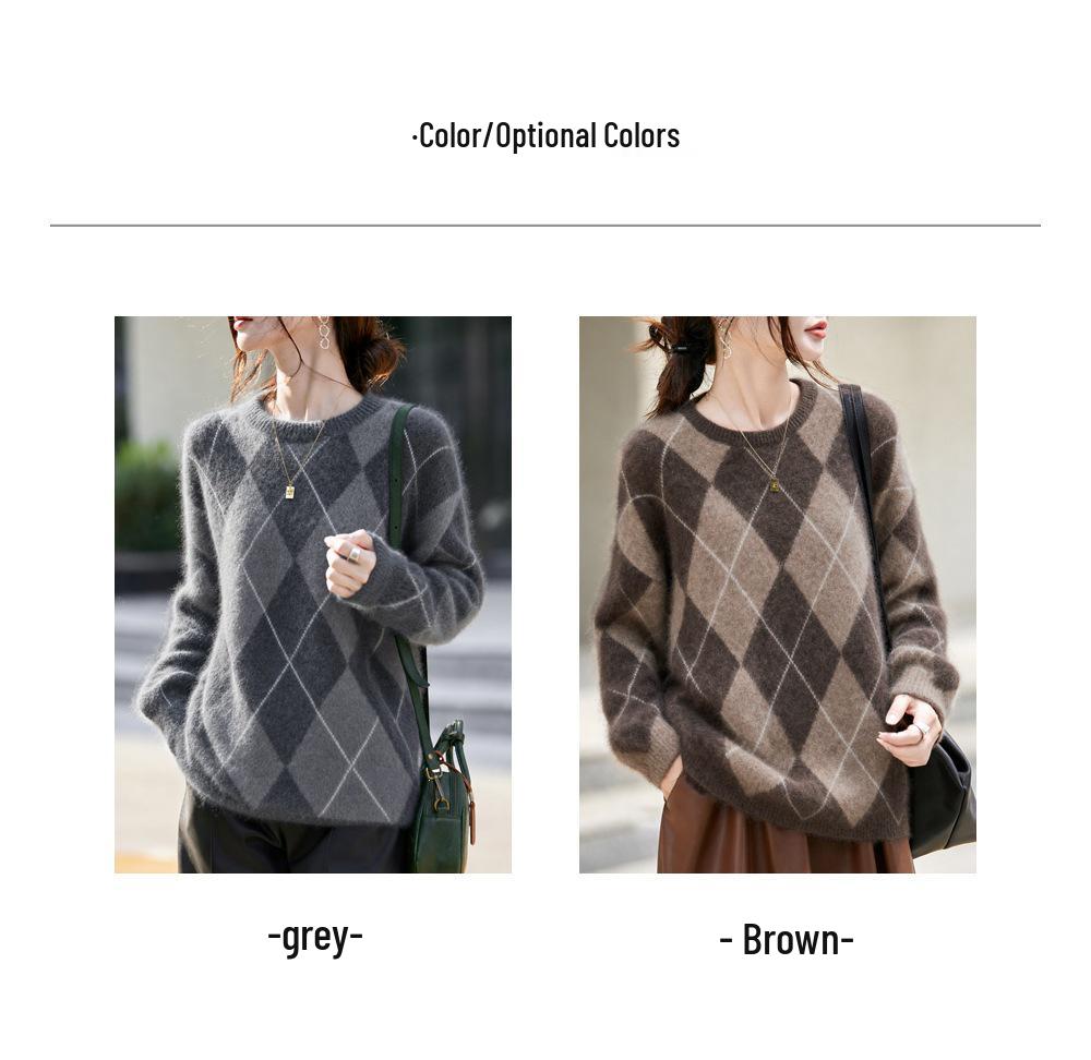 Maglione da donna di alta gamma in lana cashmere con patchwork a rombi - Girocollo, Manica lunga, Autunno/Inverno