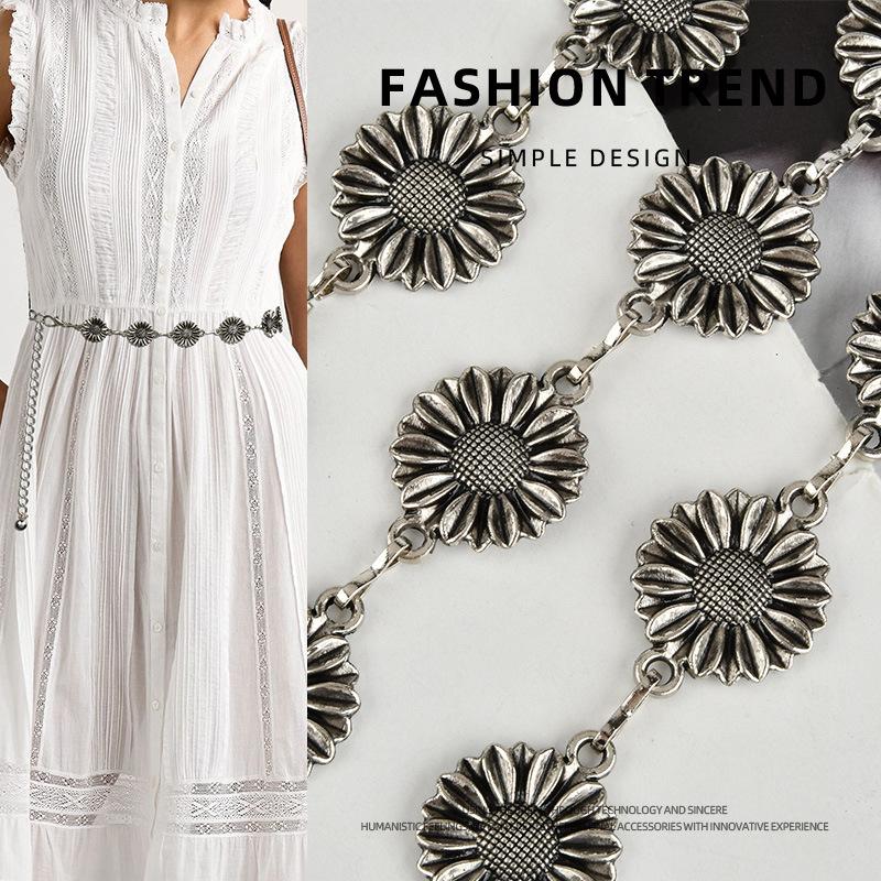 Retro Sunflower Metal Waist Chain Women's Personality Niche Versatile Dress Decorative Ancient Silver Belt Women
