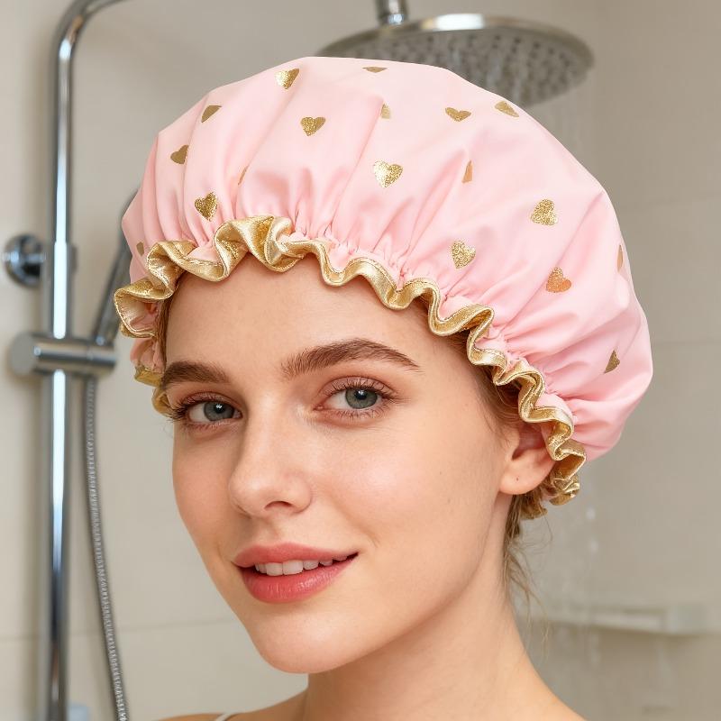 2Pcs Double-Layer Shower Caps, Gold Foil Printed, Soft Stretch Reusable Waterproof Caps for Bathroom and Daily Use