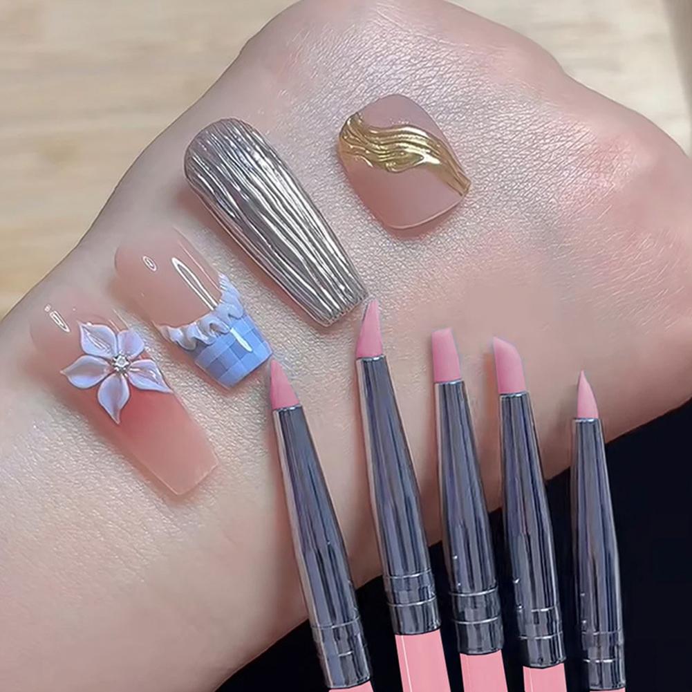 5 Pezzi Pennello per Unghie in Silicone Intaglio Goffratura Vuoto Modellante Gel Rosa Nail Art Scultura Penna Pennelli da Disegno
