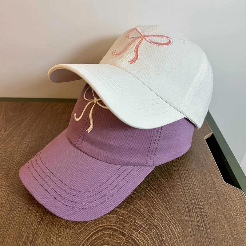New Korean Pink Bow Embroidered Baseball Cap Wide Brim Soft Top Snapback Trucker Caps Fashion for Women Adjustable Dad Hat