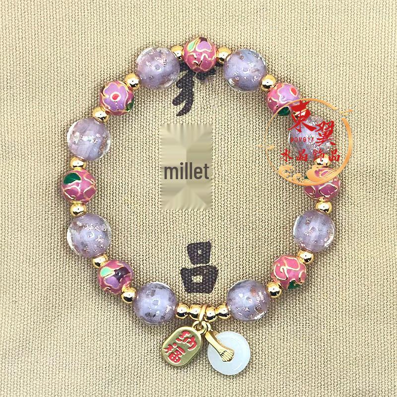 Rose Red Luminous Cloisonné Gold Sand Bead Bracelet with Ash Glaze and Gold Foil