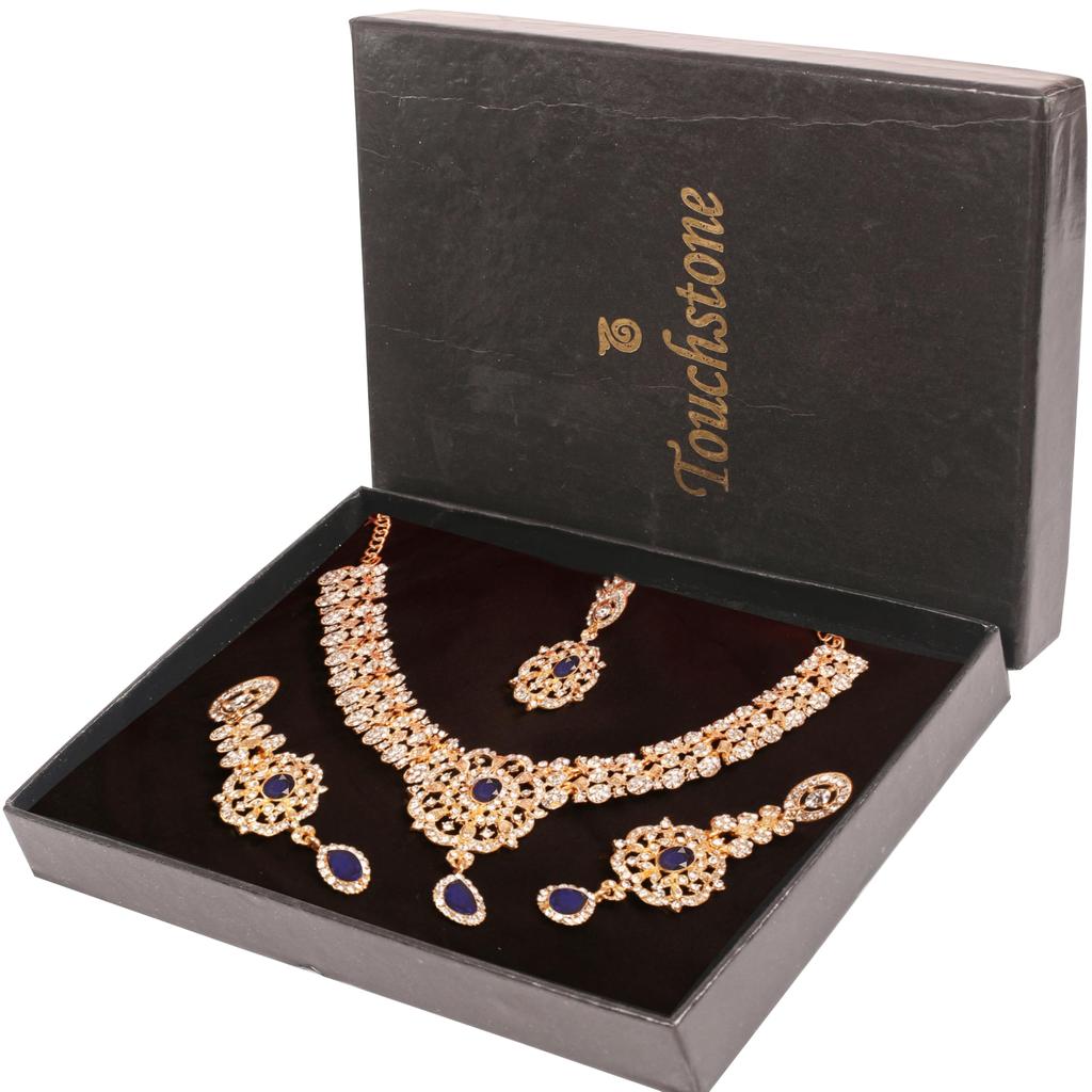 Touchstone Women's Indian Jewelry Set, Gold Wedding Tikka Necklace Set, Guest Costume, Fancy Bridal Jewelry, Rhinestone, Crystal, Elegant Formal Prom