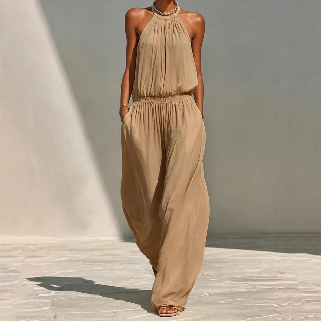 Women's Neck Loose Wide Leg Jumpsuit Vacation Beach Casual Romper for Summer