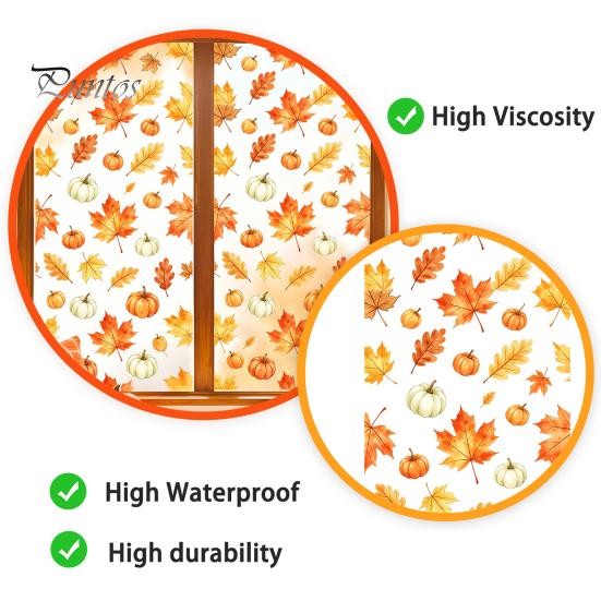 Removable Holiday Glass Stickers Watercolor Fall Static Window Clings Maple Leaf & Pumpkin Stickers Autumn Reusable Cling Film Decal for Thanksgiving