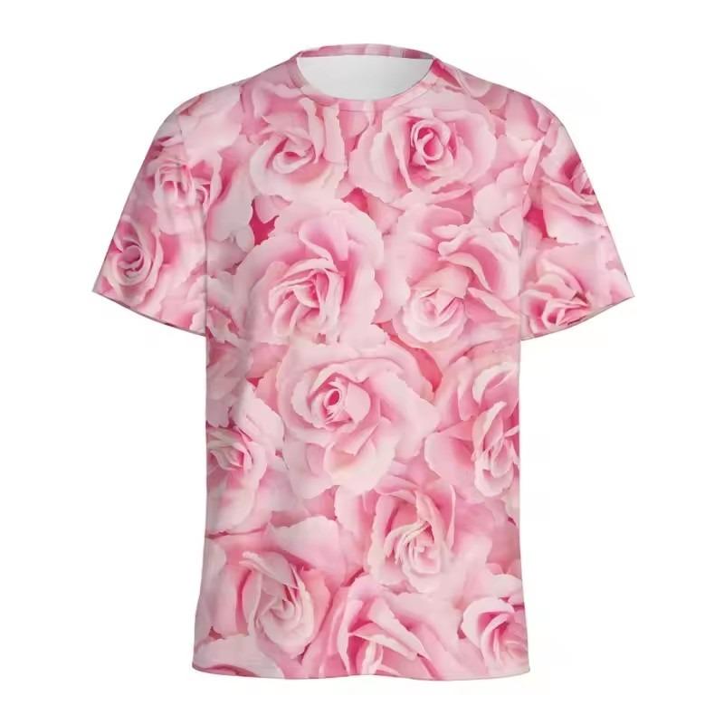Rote Blumen Rose 3D-Druck T-Shirt Romantisch Lustig Kurzarm Rundhals T-Shirt Herrenbekleidung 2024 Sommer Neu Atmungsaktives T-Shirt