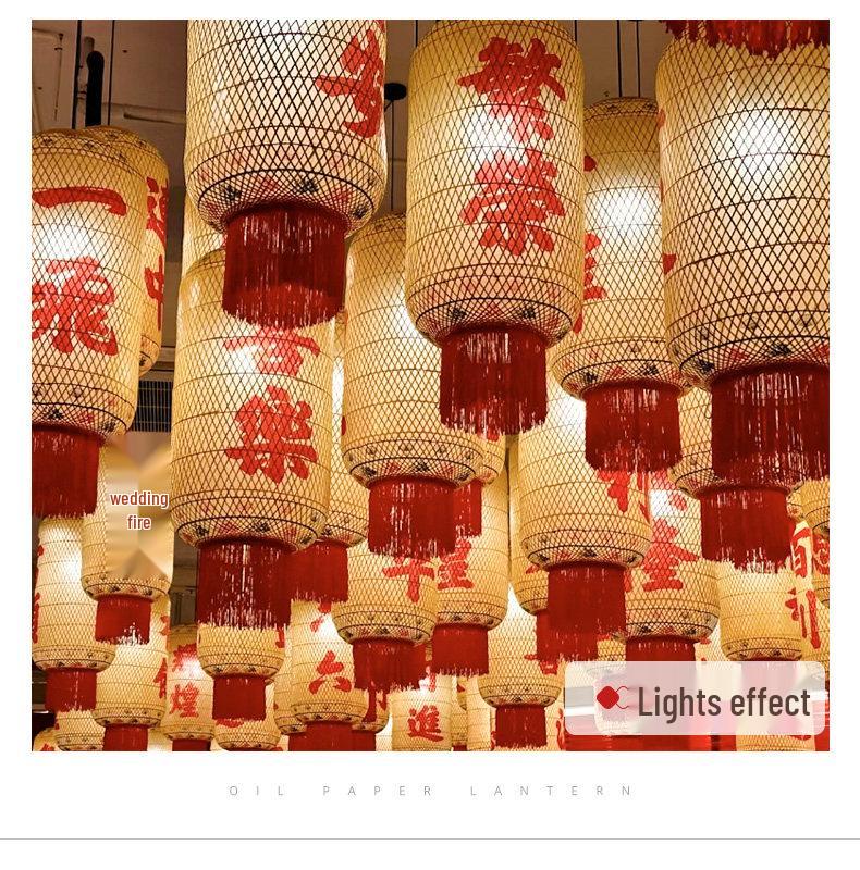 Catering Skewer Shop Decoration: Bamboo Woven & Oil Paper Lantern Chandelier for Restaurant, Hotel, Lobby, and Market in Ancient Style.