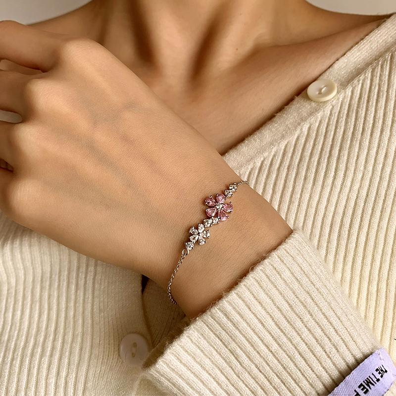 Fashion Niche Authentic S925 Silver Pink Cherry Blossom Bracelet Fresh and Elegant Women's Jewelry Gift