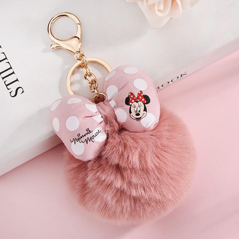 Minnie Plush Keychains Cartoon Polka Dot Bow Pom-Pom Key Ring Pendant Car Bag Ornament Girl Child Gift Toy