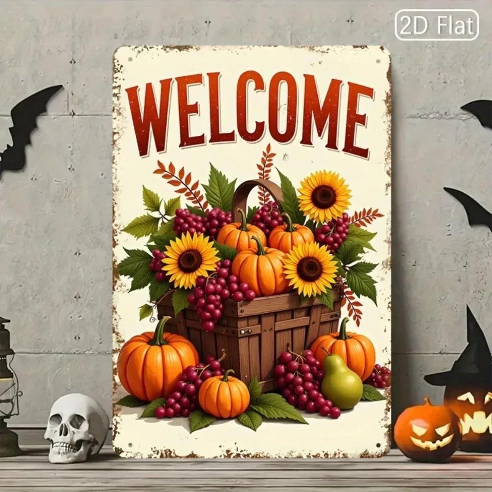 Farmhouse Welcome Sign Rustic Fall Decor PreDrilled Sunflowers Pumpkins Vintage