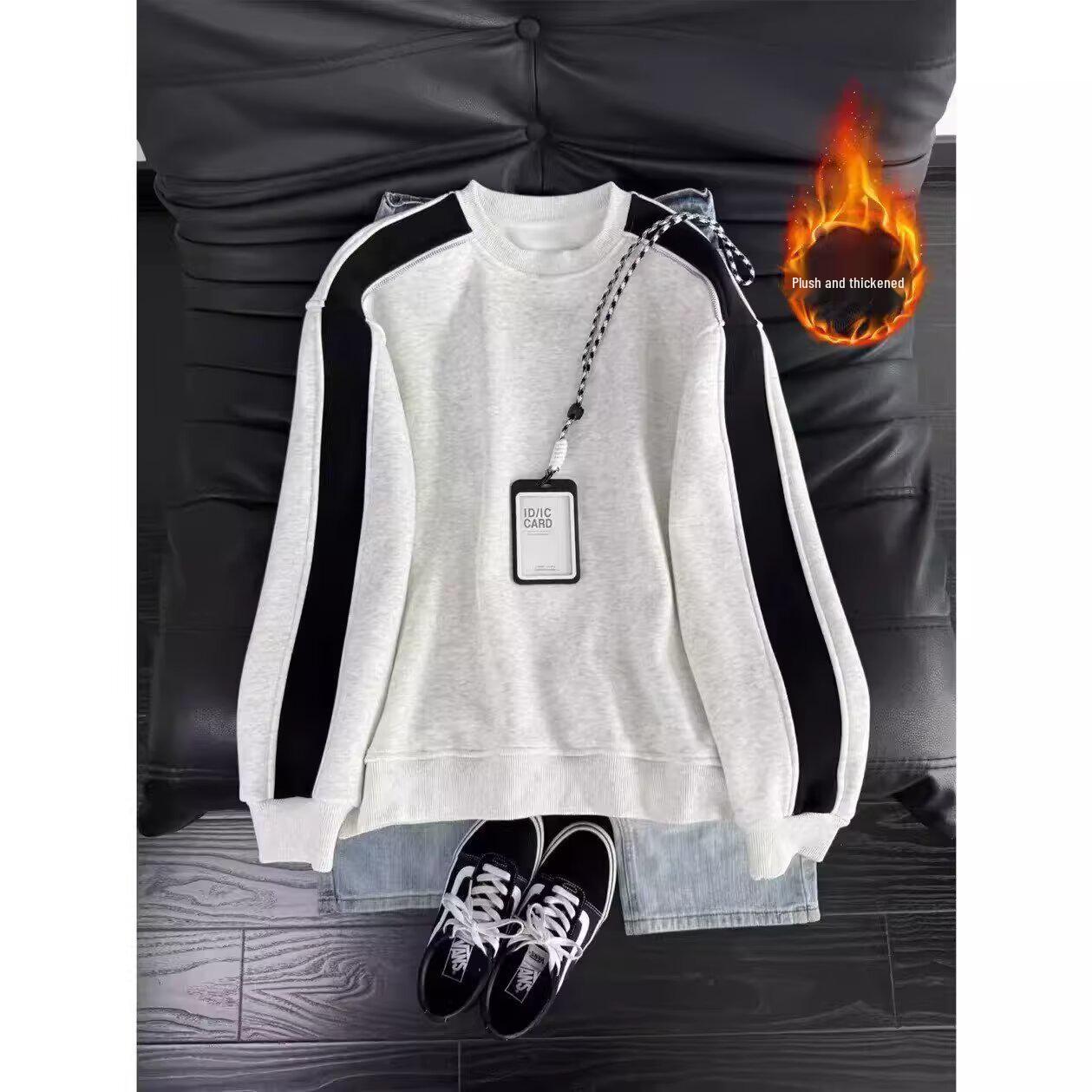 

Striped Plus Velvet Warm Hoodie - Trendy Autumn/Winter Pullover Patchwork Top M білий/сірий колір