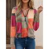 Women's New Fashion Casual Loose Printed V-Neck Zipper Long Sleeve Cashmere T-Shirt