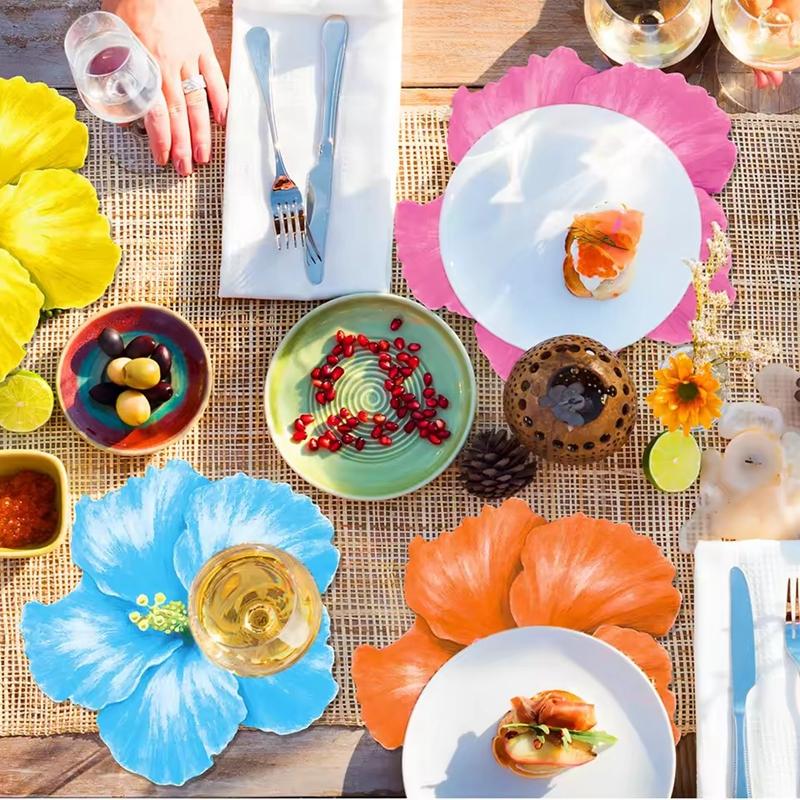 8Pcs Hawaiian Hibiscus Flower Shape Paper Placemat Summer Wedding Birthday Party Dining Table Decor Supplies Disposable Tablemat