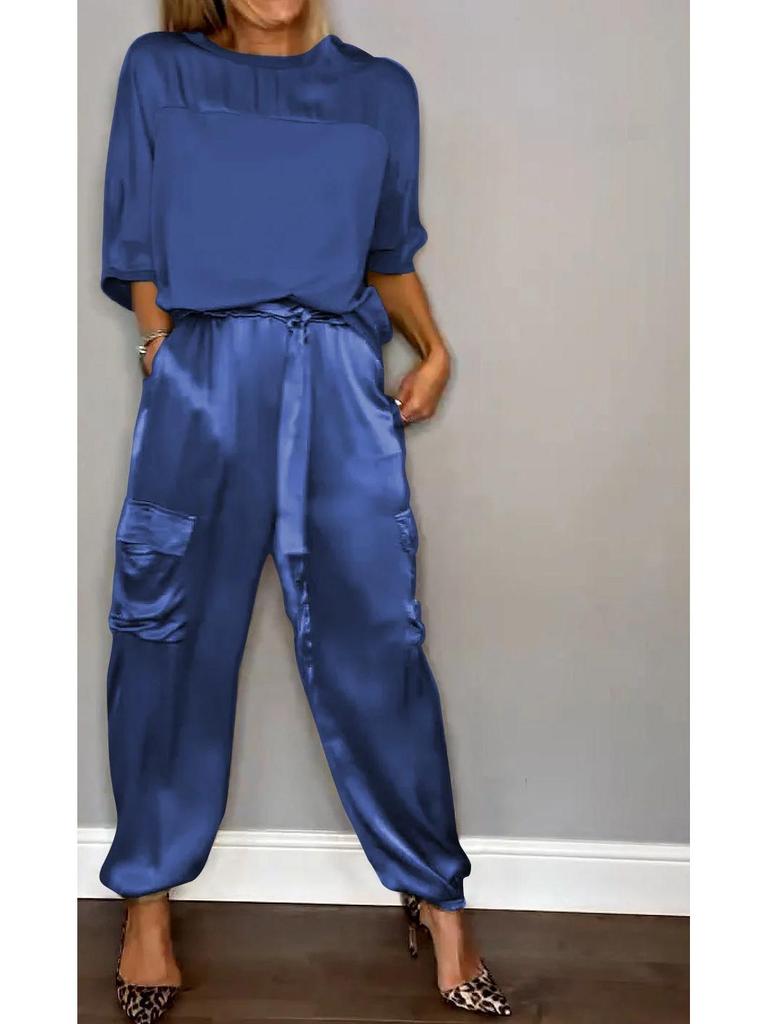 European & American Women's Satin Half-Sleeve Top and Pants Two-Piece Set (2024)