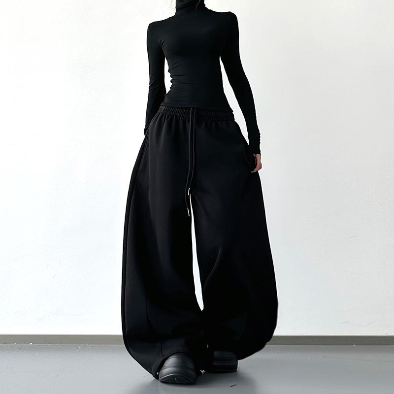 Women s Velvet Thickened Wide-Leg Sweatpants - Black, Loose Fit, Slimming, Autumn/Winter 2025, American Lazy Style. S