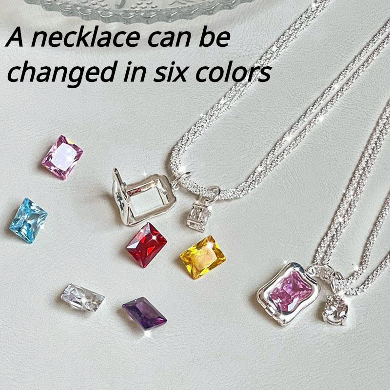 Silver Shiny Clavicle Chain Double-layer Necklace Square Pendant Replaceable for Six Colors Pendant Female Lover Gift