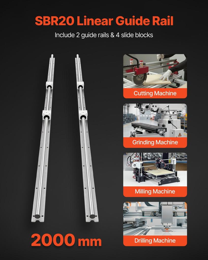 Linear Rail Kit, SBR20, 2Pcs 2000 mm (78.74 inch) Linear Motion Guide Rails and 4Pcs Bearing Slide Blocks, Fully Supported Shaft, for Cutting,
