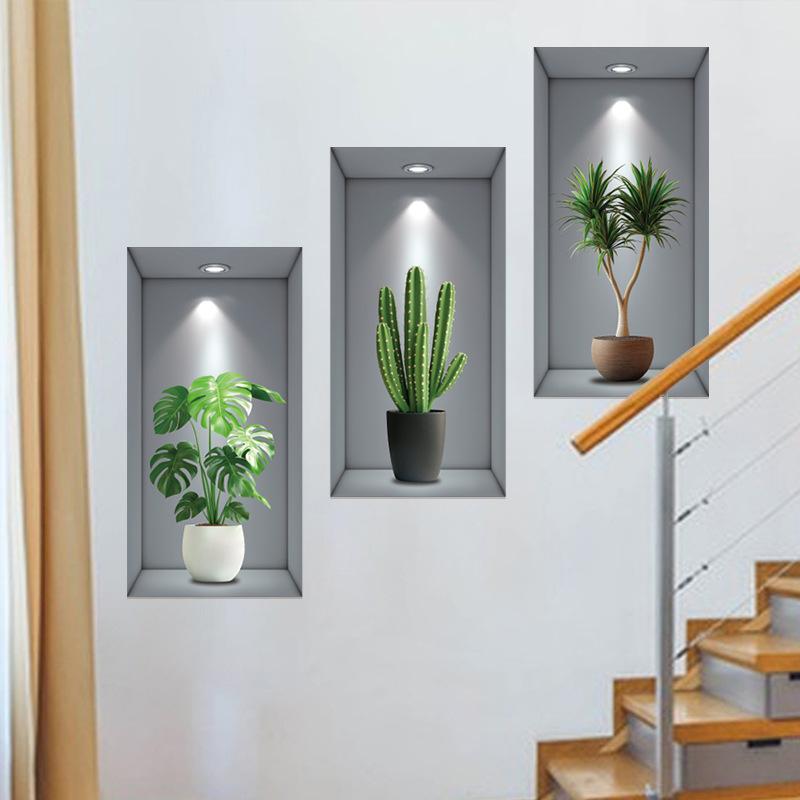 Green Plant Couplet Painting Simulation 3D Photo Frame Wall Sticker Bedroom Living Room Background Wall Sticker Self-adhesive Wall Sticker