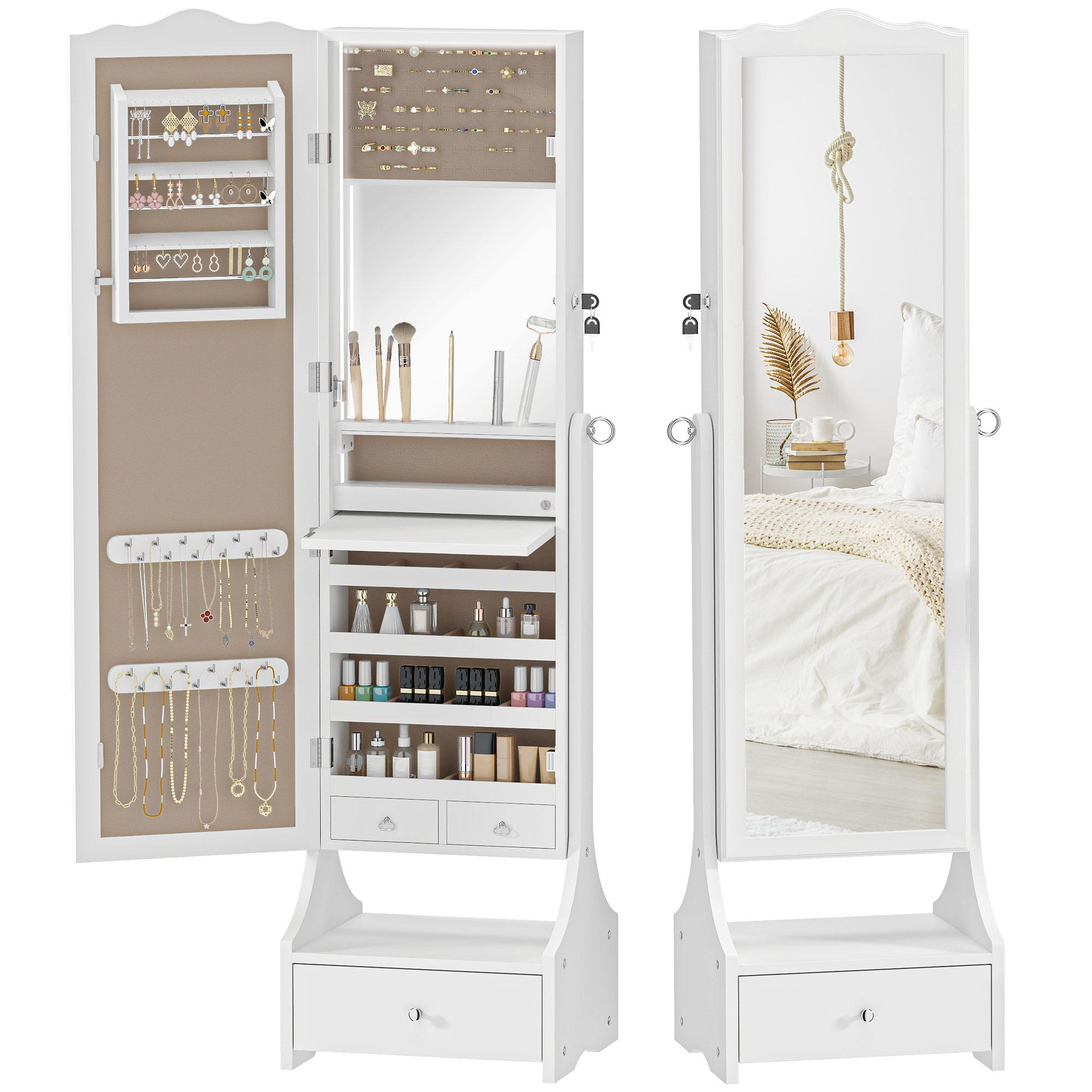 Armoire miroir pour bijoux avec lumières LED Miroir pleine longueur à angle réglable Tiroirs Table Intérieur Pliable Blanc