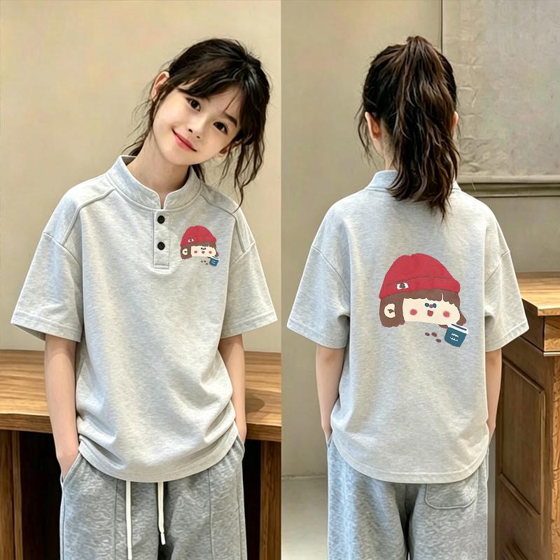 Girls' Stylish Stand-up Collar Polo T-shirt - Short Sleeve, Pure Cotton, Ages 6-12