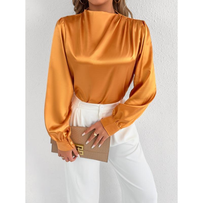 Light Transparent Solid Color Long Sleeved Top Satin Women’s Blouses & Shirts