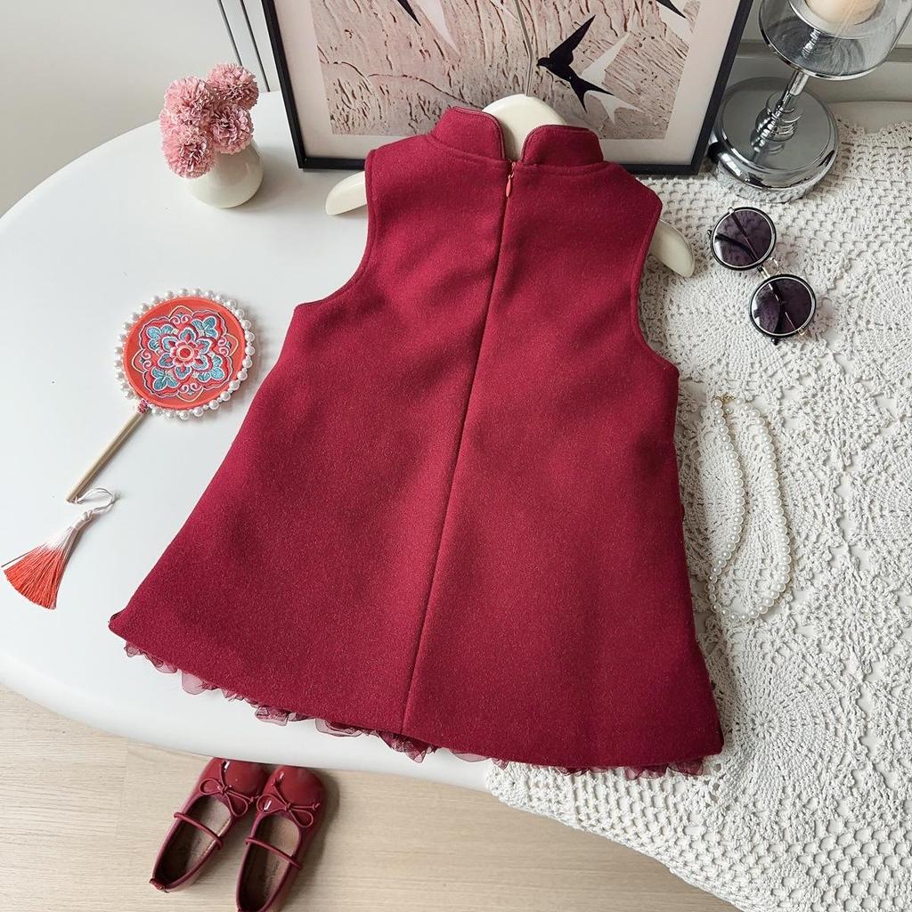 New Winter Rose Cheongsam Hanfu Sleeveless Dress for Baby Girls - Style AWB005