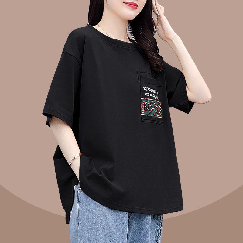 

Loose Western Style Flab Hiding Casual Female Summer Thin T-shirt 5047Y Black Tops L (within recommended 55.00kg)