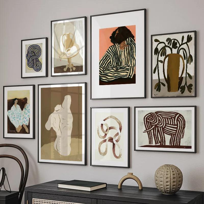 Abstraktní plakáty Tisky Čára Geometrické Pyžamová Žena Slon Obraz na plátně Moderní Nástěnné Umění Bydlení Vnitřní pokoj Domácí dekorace