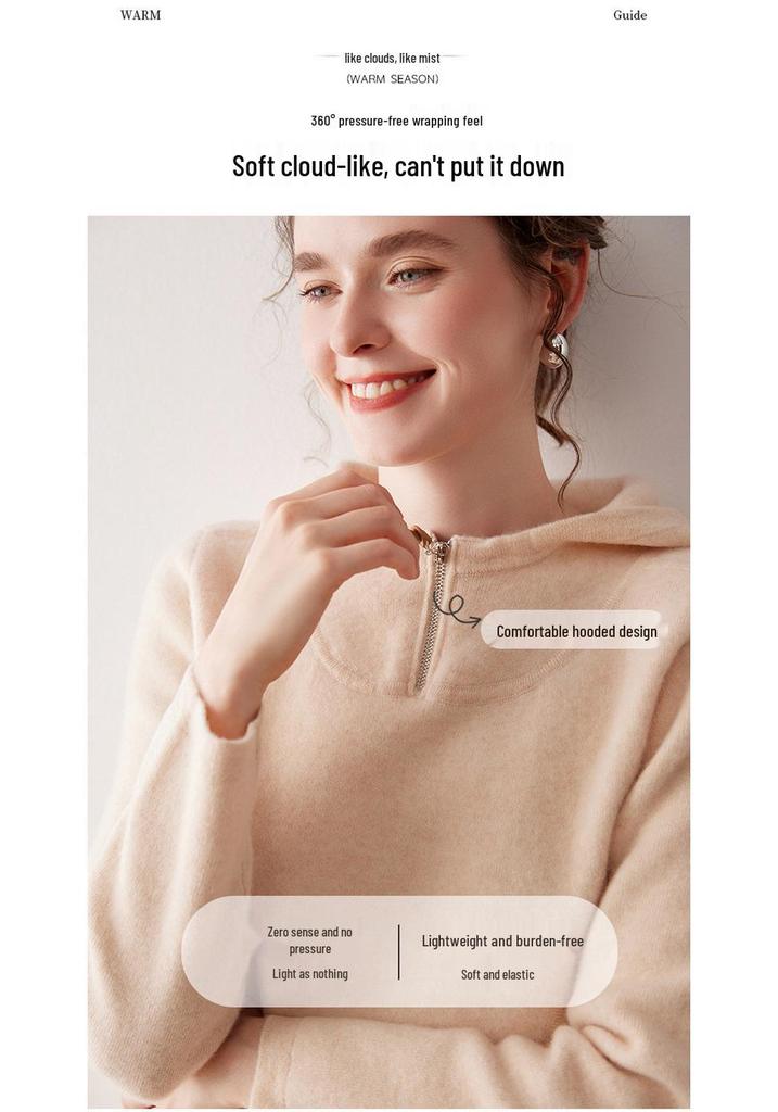 Women's Cashmere Hooded Half-Zip Sweater - 2025 Autumn/Winter Warm Knitwear, Age-Reducing Solid Color