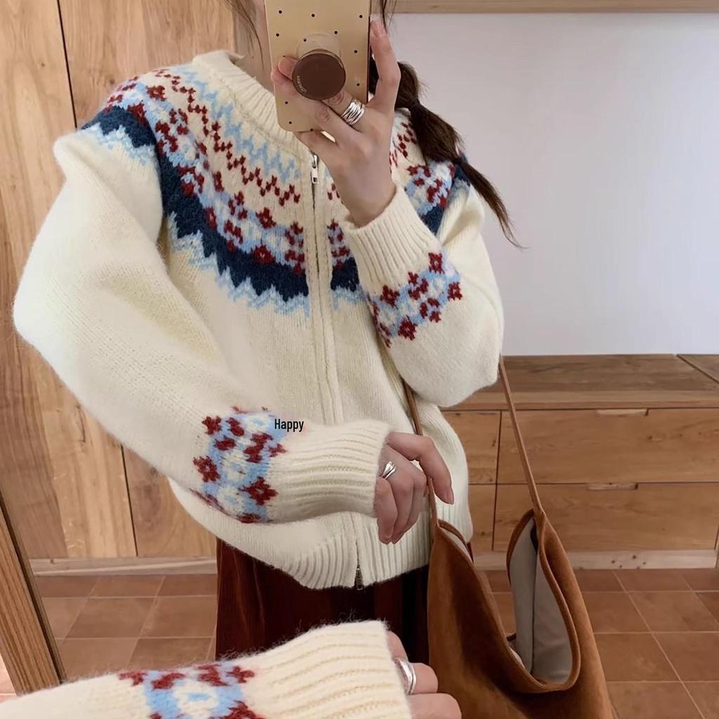 Women's Retro Fair Isle Knit Zipper Cardigan