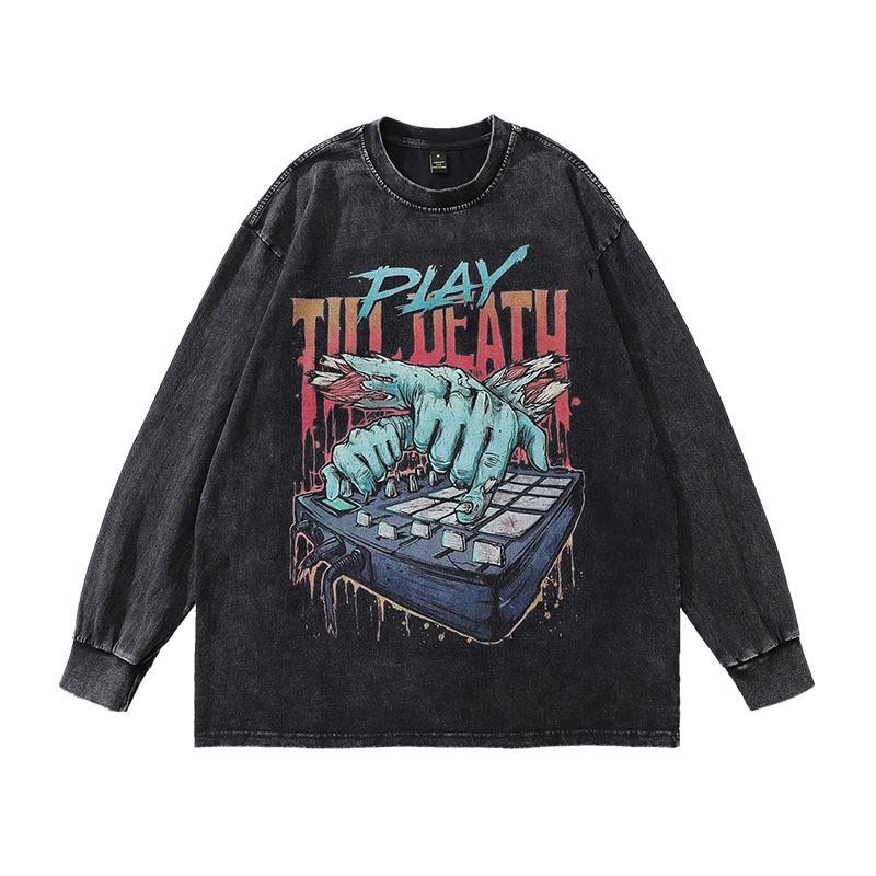 Skull Print Long-Sleeved T-Shirt High Street Trendy Brand Retro Washed Loose Cotton Vintage Top T-Shirt Men