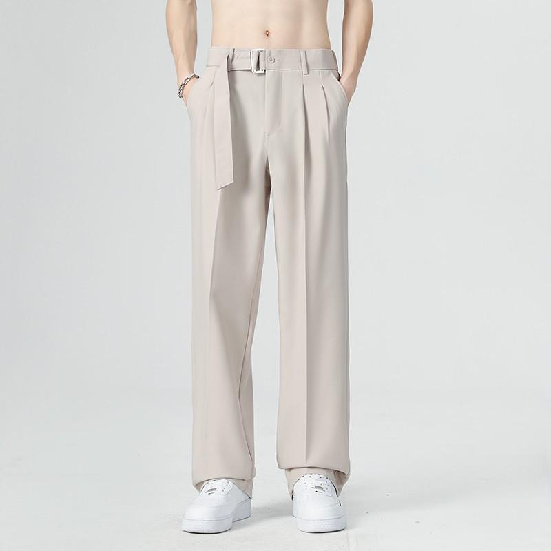 Summer Ice Silk Drape Trousers Black Ruffian Handsome High-end Belt Decorative Elastic Straight Casual Trousers Trousers