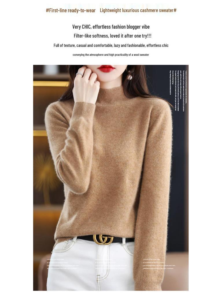 Women's 100% Wool Seamless Pullover Sweater: Autumn/Winter Half-High Neck Base Layer