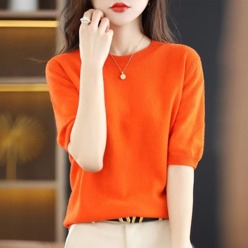 Loose Women's Round Neck Short Sleeve Knitted Sweater T-Shirt Base Layer Spring Autumn Short Top