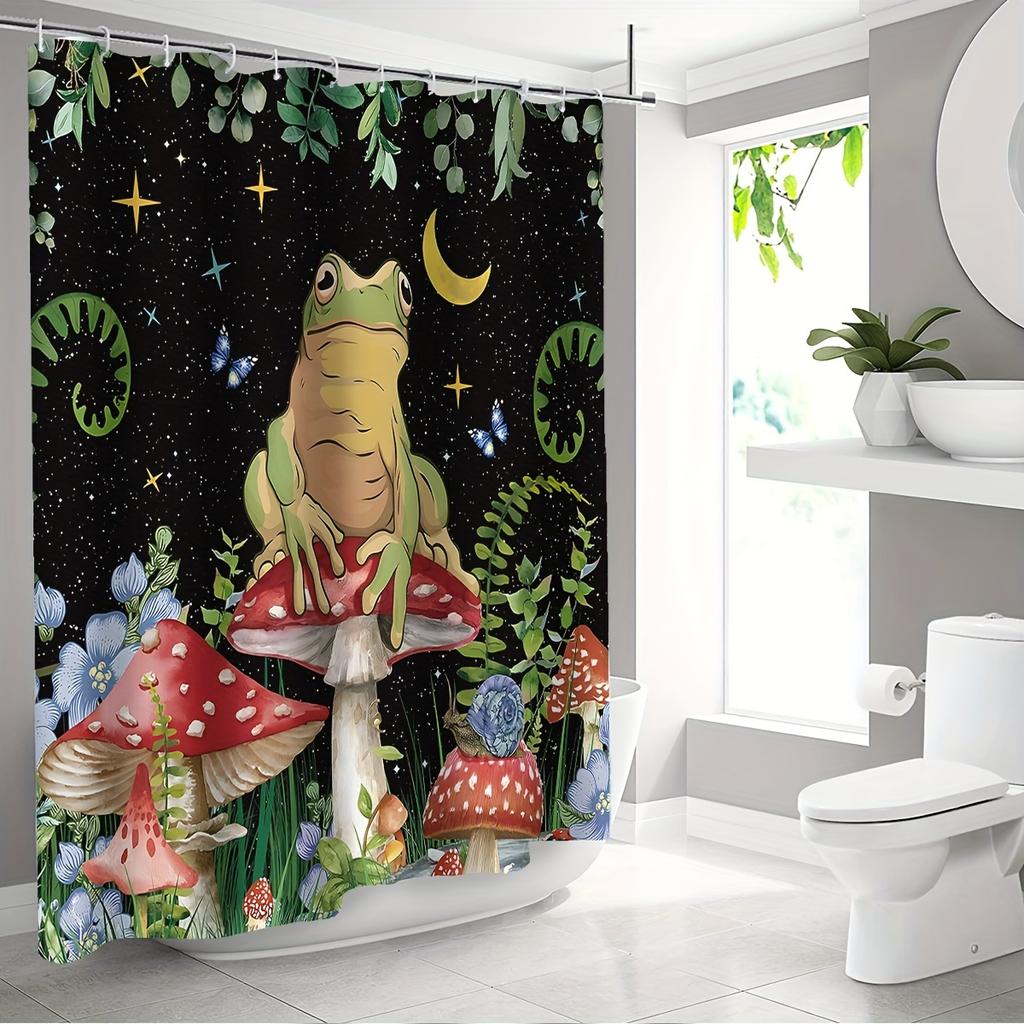 Shower Curtain: Enchanted Forest Design with Frog and Mushrooms for a Magical Bathroom Decor