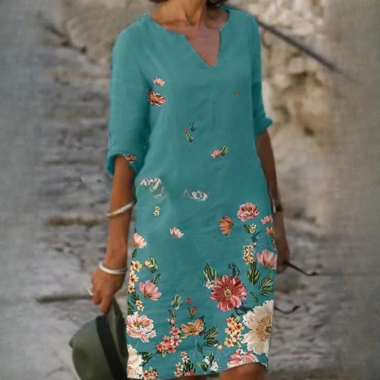 QICED Summer Women's Printed Loose Bamboo Fibre Linen Floral Short Sleeve Vintage Literary V-Neck Five Points Sleeve Dresses