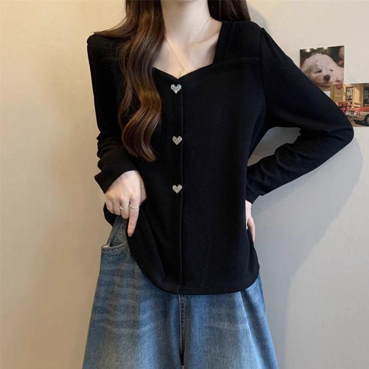 

Plus Size Square Neck Patchwork Long Sleeve T-Shirt for Women – Slimming, Stylish Spring/Autumn Base Layer 3XL чёрный