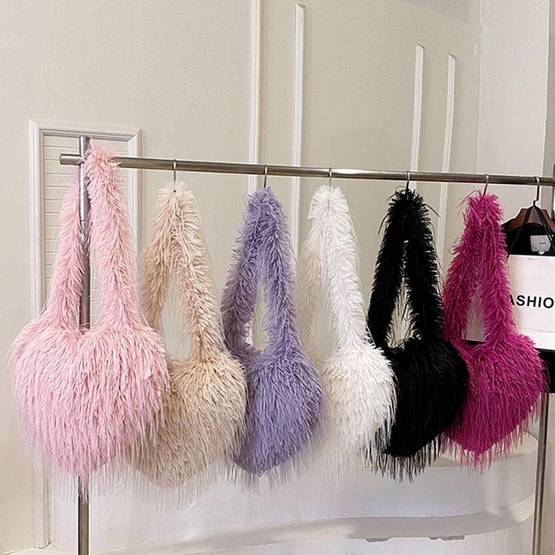 Yogodlns Long Plush Women's Large Shoulder Bag Luxury Faux Fur Female Love Shape Bags Y2k Punk Girls Fluffy Tote Handbags Crossbody Bag